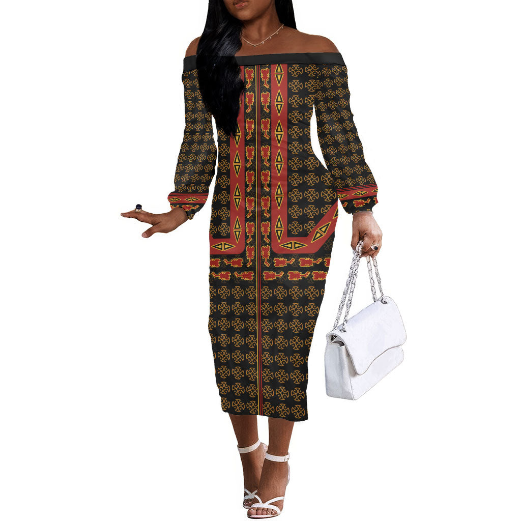 Cameroon Toghu Heritage Off The Shoulder Long Sleeve Dress Traditional Bamenda Pattern In African
