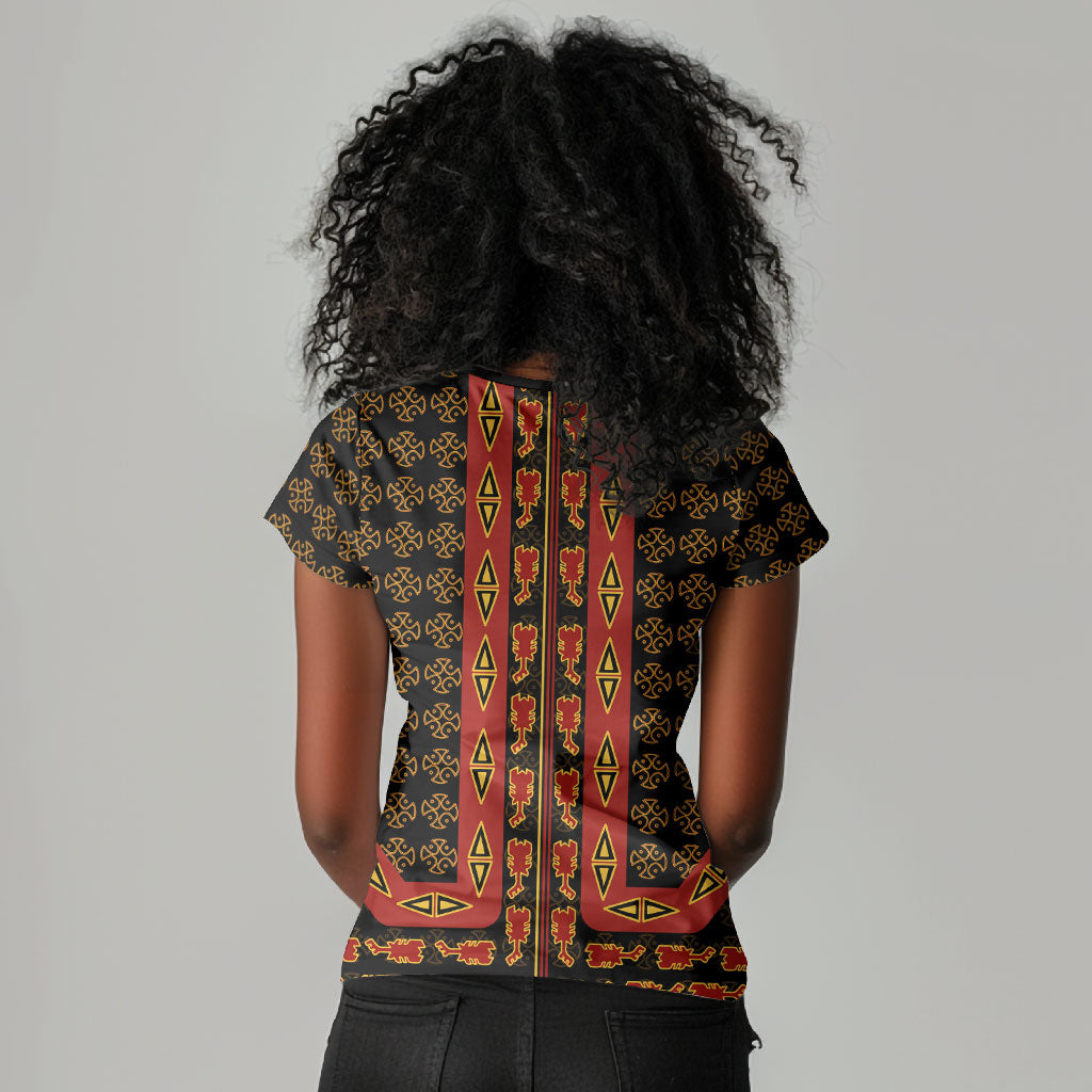 Cameroon Toghu Heritage Women V-Neck T-Shirt Traditional Bamenda Pattern In African