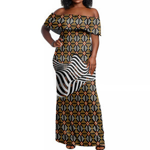 Cameroon Toghu Bamenda Off Shoulder Maxi Dress African Traditional Art