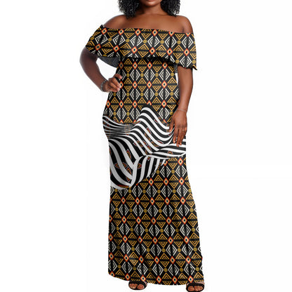 Cameroon Toghu Bamenda Off Shoulder Maxi Dress African Traditional Art
