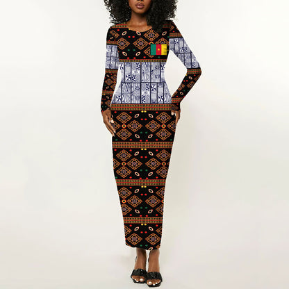 Cameroon Toghu Long Sleeve Bodycon Dress Flag Coat Of Arms - Traditional Bamenda Art