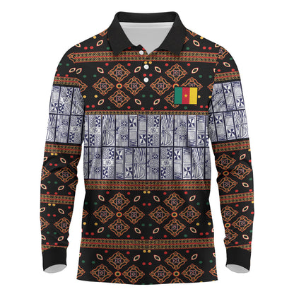Cameroon Toghu Long Sleeve Polo Shirt Flag Coat Of Arms - Traditional Bamenda Art