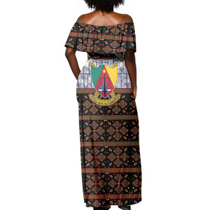 Cameroon Toghu Off Shoulder Maxi Dress Flag Coat Of Arms - Traditional Bamenda Art