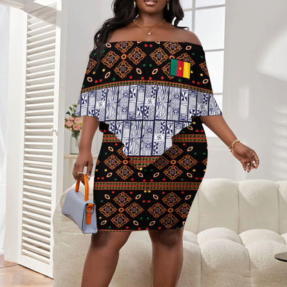 Cameroon Toghu Off Shoulder Short Dress Flag Coat Of Arms - Traditional Bamenda Art