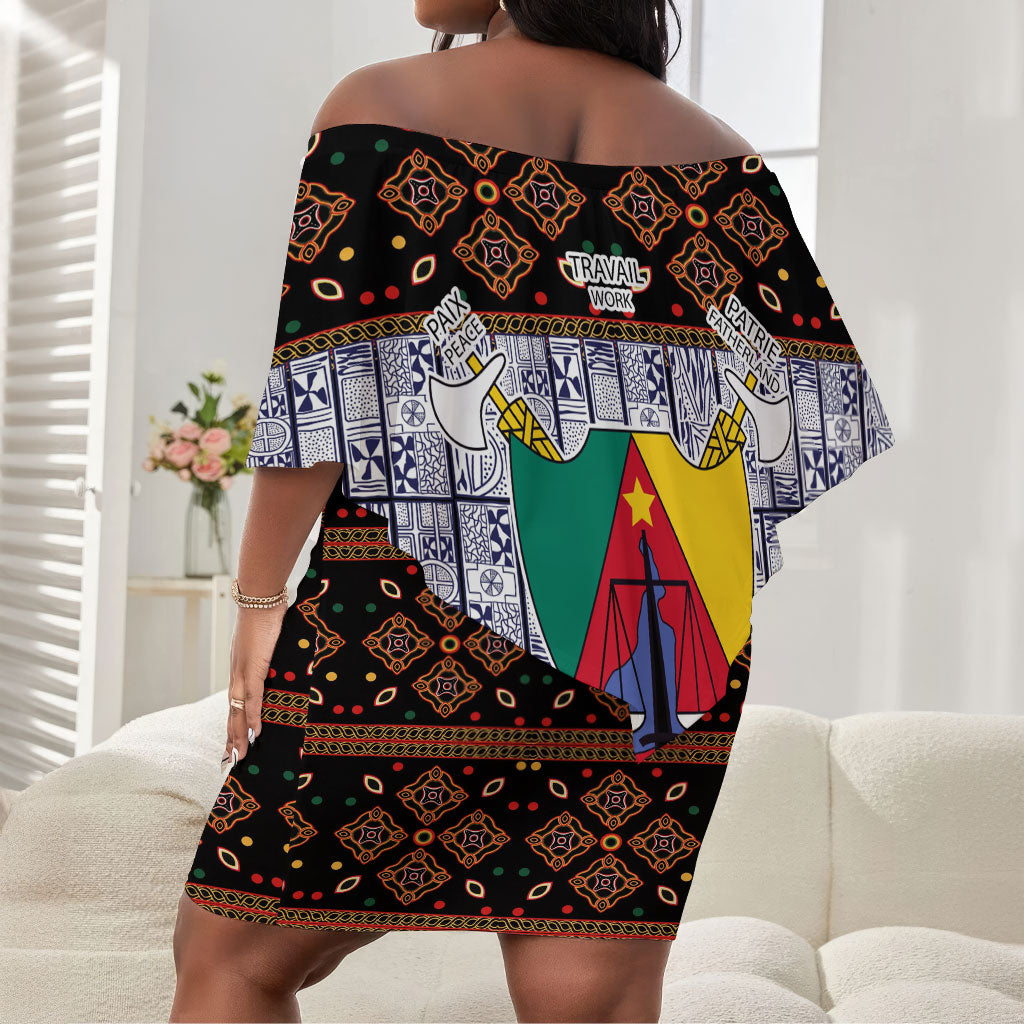Cameroon Toghu Off Shoulder Short Dress Flag Coat Of Arms - Traditional Bamenda Art