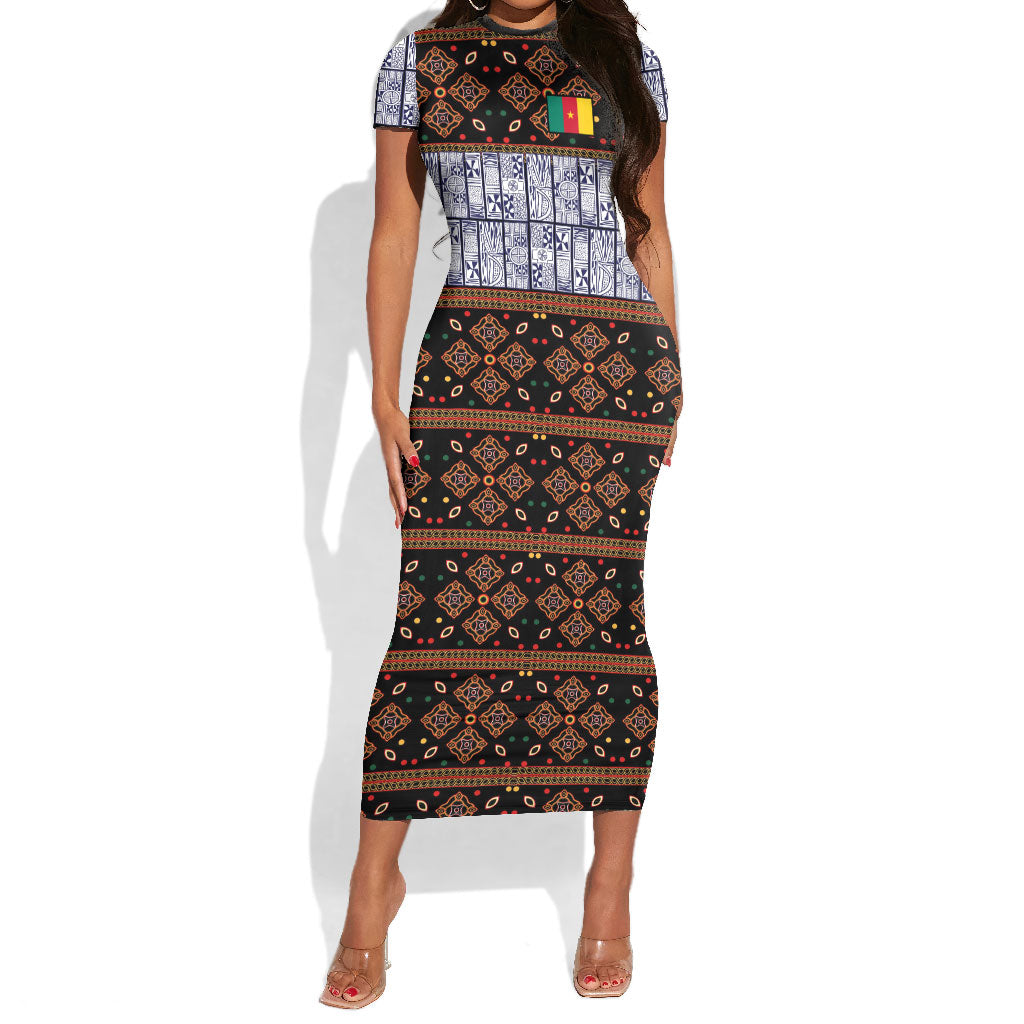 Cameroon Toghu Short Sleeve Bodycon Dress Flag Coat Of Arms - Traditional Bamenda Art