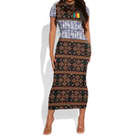 Cameroon Toghu Short Sleeve Bodycon Dress Flag Coat Of Arms - Traditional Bamenda Art
