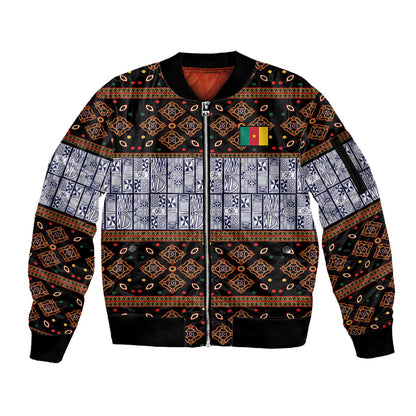 Cameroon Toghu Sleeve Zip Bomber Jacket Flag Coat Of Arms - Traditional Bamenda Art