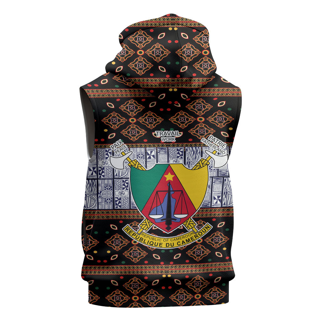 Cameroon Toghu Sleeveless Zip Hoodie Flag Coat Of Arms - Traditional Bamenda Art