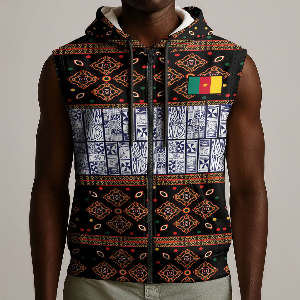 Cameroon Toghu Sleeveless Zip Hoodie Flag Coat Of Arms - Traditional Bamenda Art