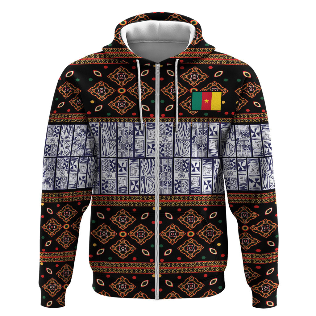 Cameroon Toghu Zip Hoodie Flag Coat Of Arms - Traditional Bamenda Art