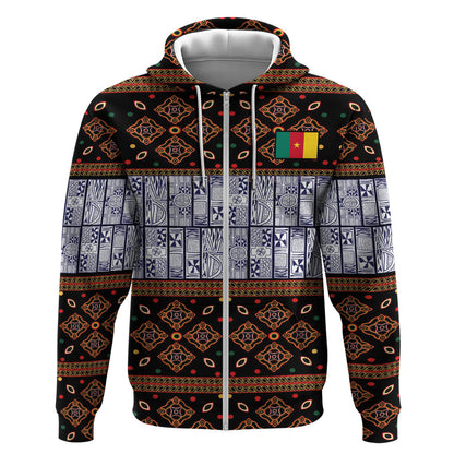 Cameroon Toghu Zip Hoodie Flag Coat Of Arms - Traditional Bamenda Art