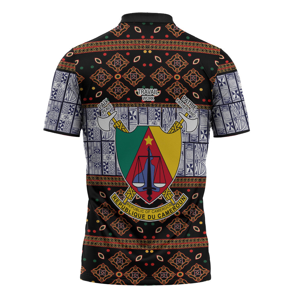 Cameroon Toghu Zipper Polo Shirt Flag Coat Of Arms - Traditional Bamenda Art