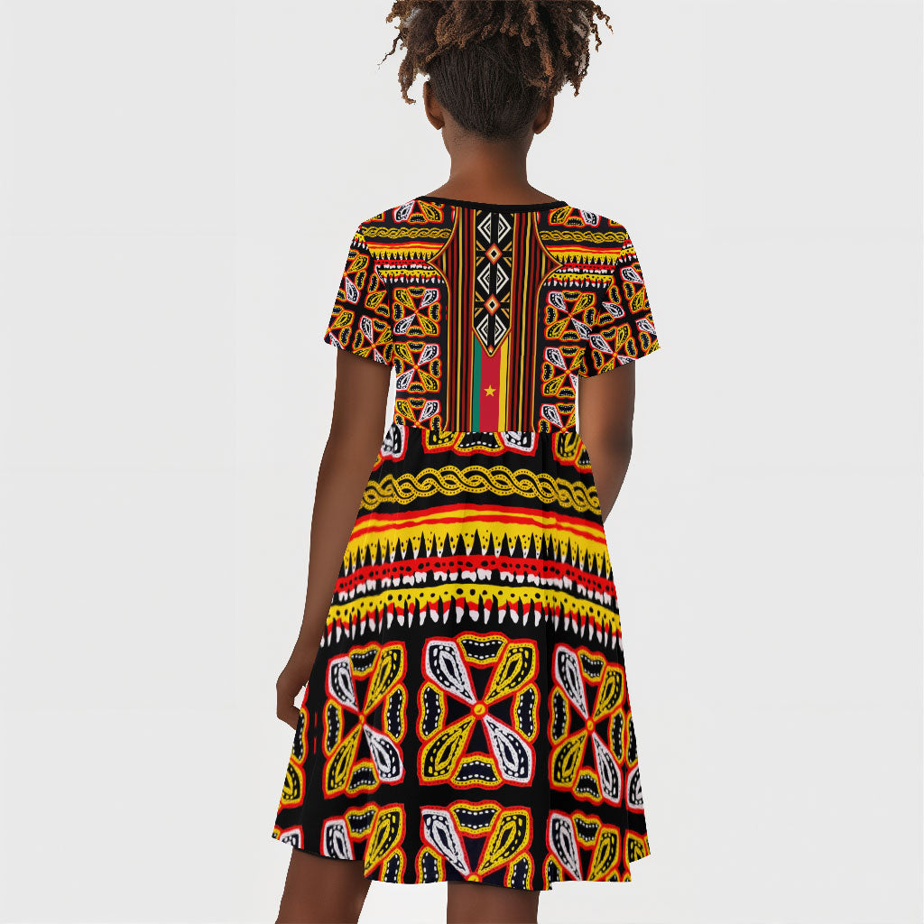 Cameroon Toghu Kid Short Sleeve Dress Vibrant Bamenda Tribal - Authentic African Folk Art