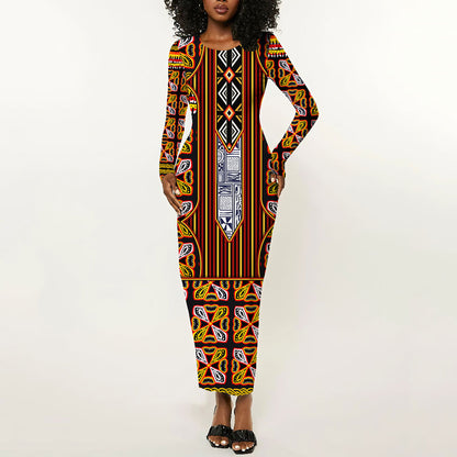 Cameroon Toghu Long Sleeve Bodycon Dress Vibrant Bamenda Tribal - Authentic African Folk Art