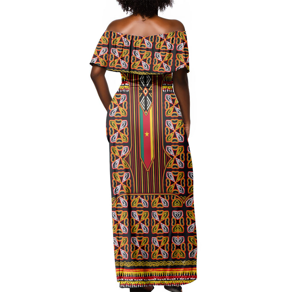 Cameroon Toghu Off Shoulder Maxi Dress Vibrant Bamenda Tribal - Authentic African Folk Art