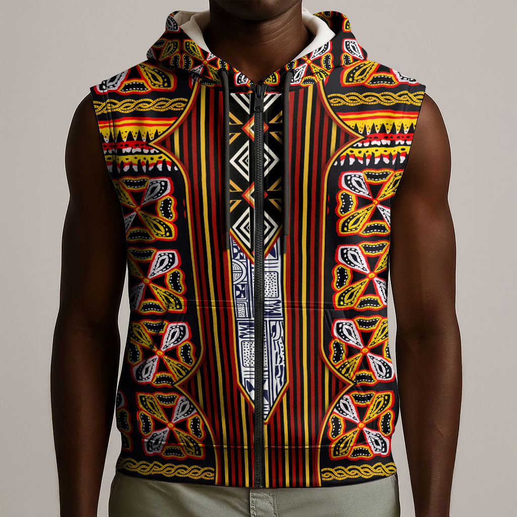 Cameroon Toghu Sleeveless Zip Hoodie Vibrant Bamenda Tribal - Authentic African Folk Art