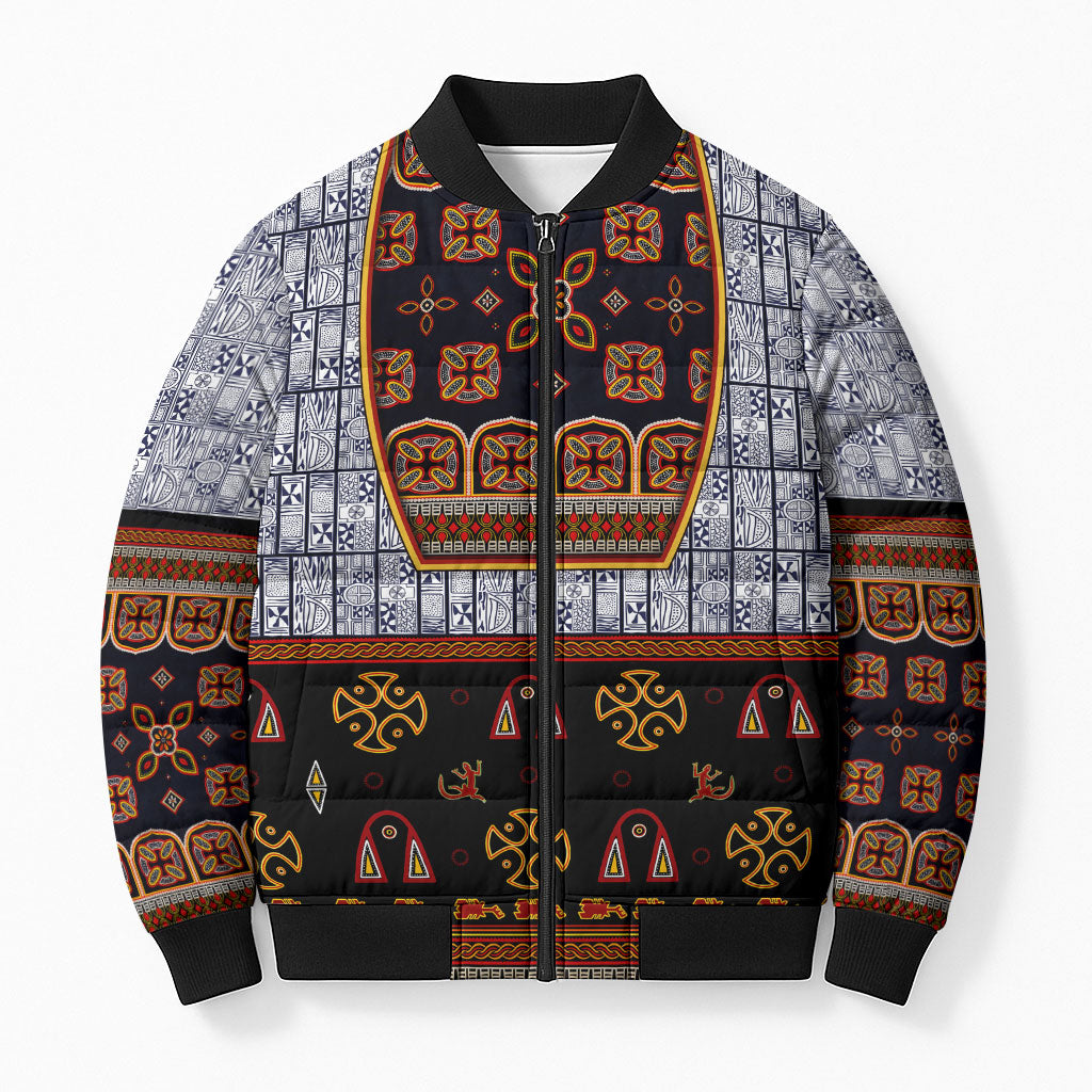 Cameroon Toghu Ethnic Heritage Bomber Puffer Jacket Traditional Bamenda Embroidery Style - African Tribal Motifs