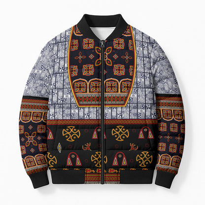 Cameroon Toghu Ethnic Heritage Bomber Puffer Jacket Traditional Bamenda Embroidery Style - African Tribal Motifs