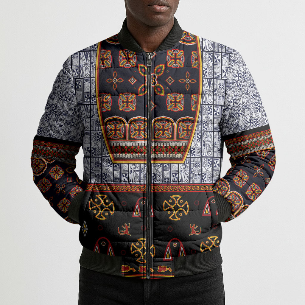 Cameroon Toghu Ethnic Heritage Bomber Puffer Jacket Traditional Bamenda Embroidery Style - African Tribal Motifs