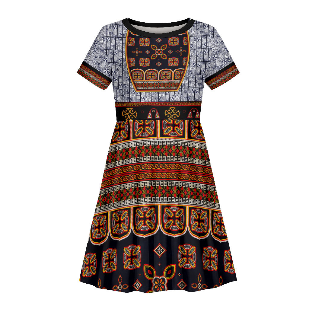 Cameroon Toghu Ethnic Heritage Kid Short Sleeve Dress Traditional Bamenda Embroidery Style - African Tribal Motifs