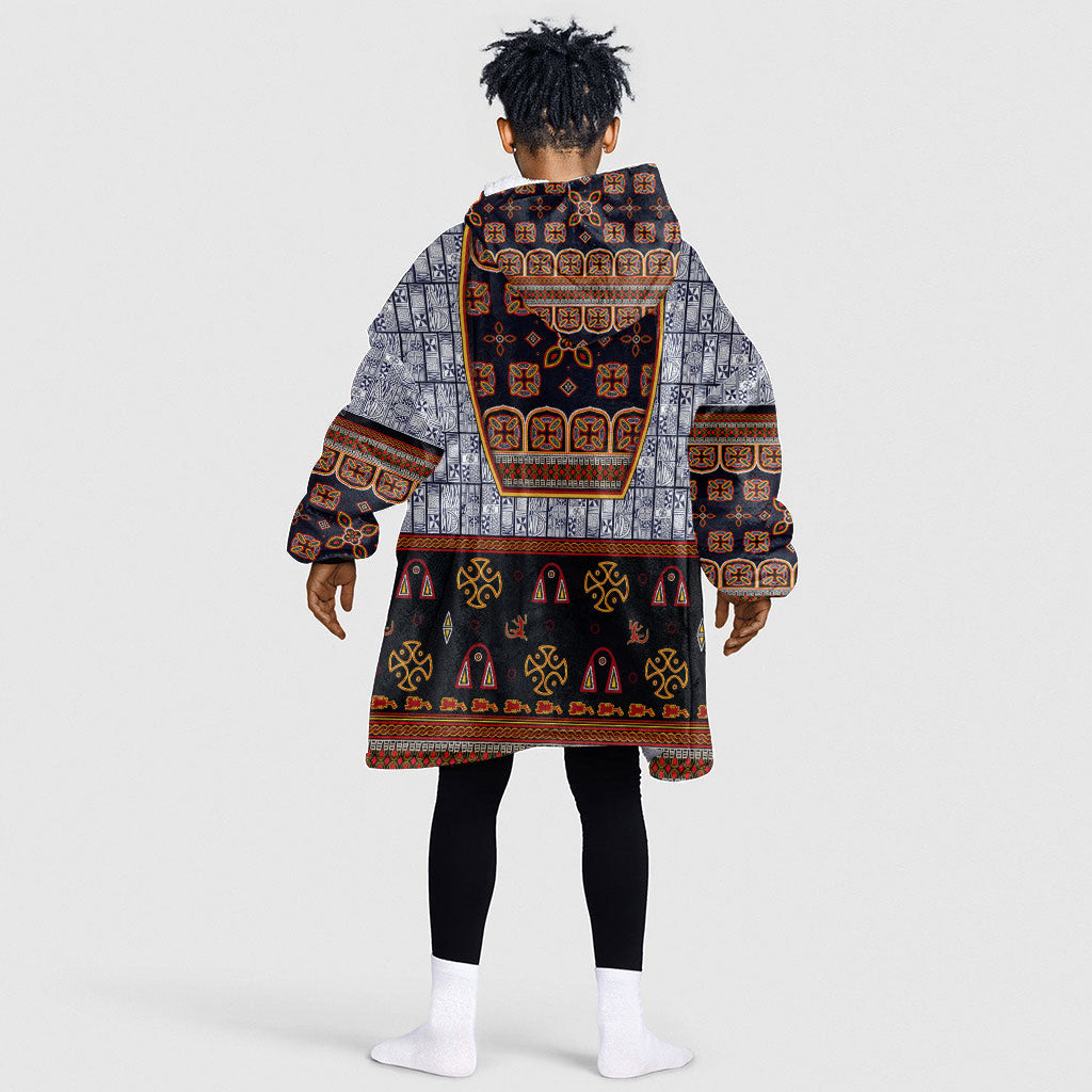 Cameroon Toghu Ethnic Heritage Kid Wearable Blanket Hoodie Traditional Bamenda Embroidery Style - African Tribal Motifs