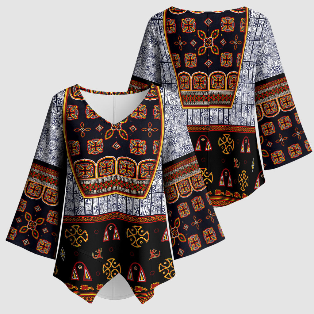 Cameroon Toghu Ethnic Heritage Kimono Sleeve Blouse Traditional Bamenda Embroidery Style - African Tribal Motifs