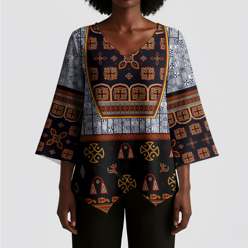Cameroon Toghu Ethnic Heritage Kimono Sleeve Blouse Traditional Bamenda Embroidery Style - African Tribal Motifs