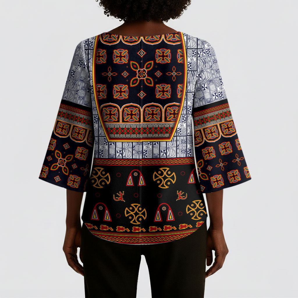 Cameroon Toghu Ethnic Heritage Kimono Sleeve Blouse Traditional Bamenda Embroidery Style - African Tribal Motifs