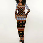 Cameroon Toghu Ethnic Heritage Long Sleeve Bodycon Dress Traditional Bamenda Embroidery Style - African Tribal Motifs