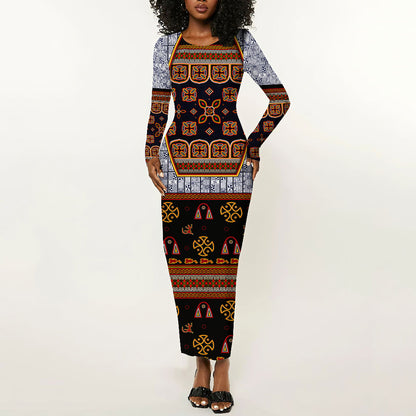 Cameroon Toghu Ethnic Heritage Long Sleeve Bodycon Dress Traditional Bamenda Embroidery Style - African Tribal Motifs