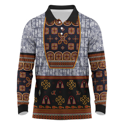 Cameroon Toghu Ethnic Heritage Long Sleeve Polo Shirt Traditional Bamenda Embroidery Style - African Tribal Motifs