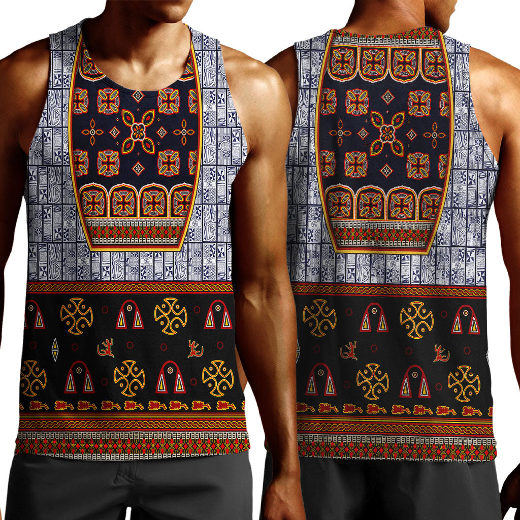 Cameroon Toghu Ethnic Heritage Men Tank Top Traditional Bamenda Embroidery Style - African Tribal Motifs