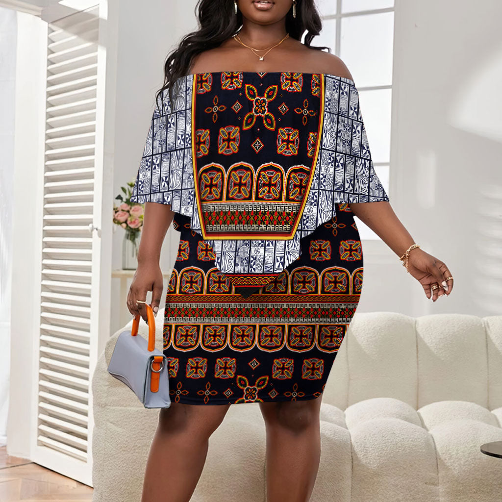 Cameroon Toghu Ethnic Heritage Off Shoulder Short Dress Traditional Bamenda Embroidery Style - African Tribal Motifs