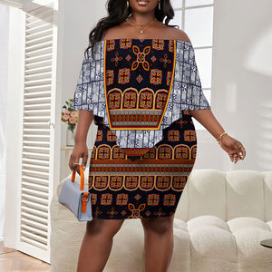 Cameroon Toghu Ethnic Heritage Off Shoulder Short Dress Traditional Bamenda Embroidery Style - African Tribal Motifs