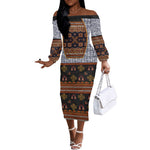 Cameroon Toghu Ethnic Heritage Off The Shoulder Long Sleeve Dress Traditional Bamenda Embroidery Style - African Tribal Motifs