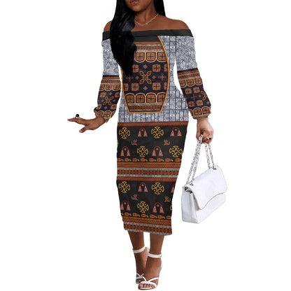 Cameroon Toghu Ethnic Heritage Off The Shoulder Long Sleeve Dress Traditional Bamenda Embroidery Style - African Tribal Motifs