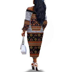 Cameroon Toghu Ethnic Heritage Off The Shoulder Long Sleeve Dress Traditional Bamenda Embroidery Style - African Tribal Motifs