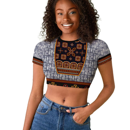 Cameroon Toghu Ethnic Heritage Raglan Cropped T shirt Traditional Bamenda Embroidery Style - African Tribal Motifs