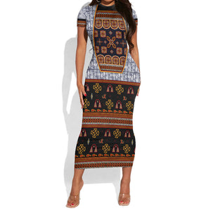 Cameroon Toghu Ethnic Heritage Short Sleeve Bodycon Dress Traditional Bamenda Embroidery Style - African Tribal Motifs