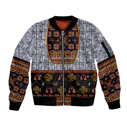 Cameroon Toghu Ethnic Heritage Sleeve Zip Bomber Jacket Traditional Bamenda Embroidery Style - African Tribal Motifs