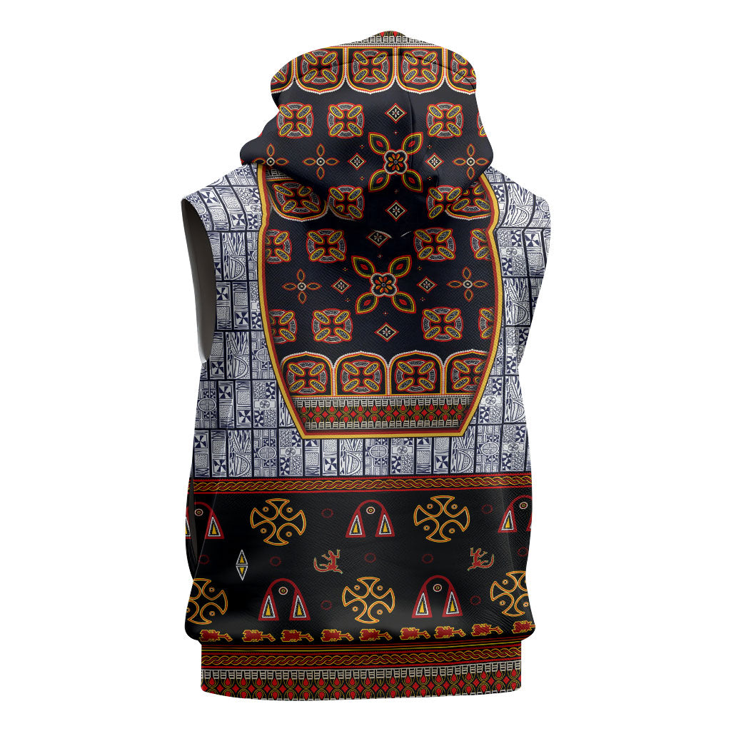 Cameroon Toghu Ethnic Heritage Sleeveless Hoodie Traditional Bamenda Embroidery Style - African Tribal Motifs
