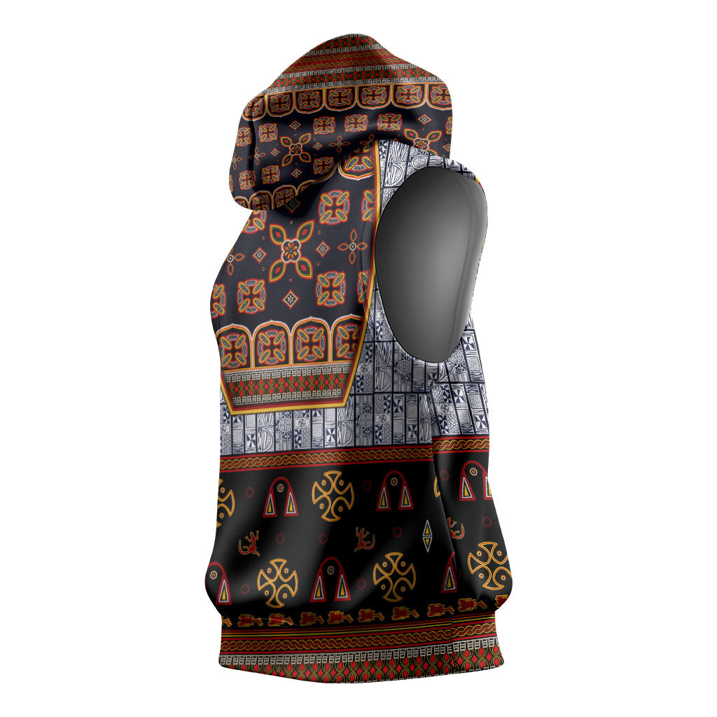 Cameroon Toghu Ethnic Heritage Sleeveless Hoodie Traditional Bamenda Embroidery Style - African Tribal Motifs