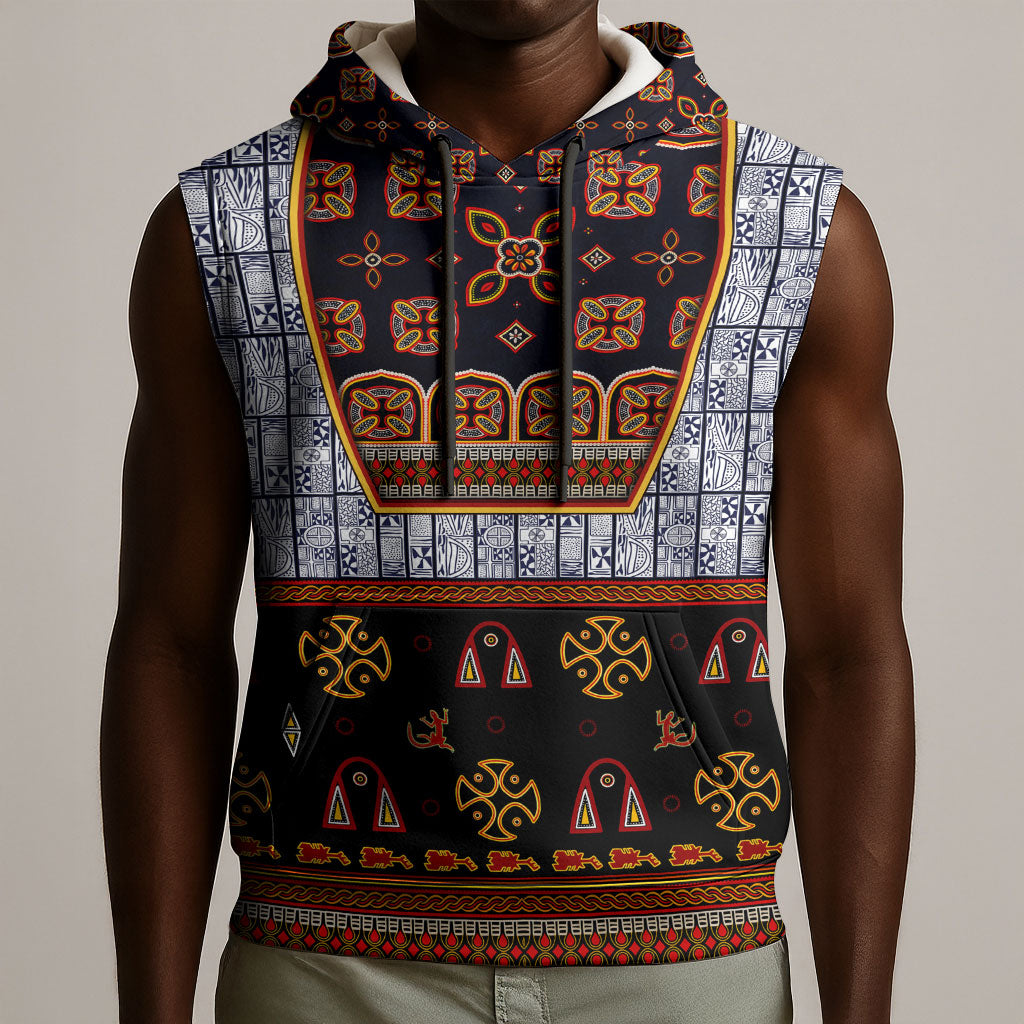 Cameroon Toghu Ethnic Heritage Sleeveless Hoodie Traditional Bamenda Embroidery Style - African Tribal Motifs