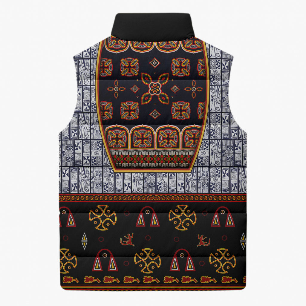 Cameroon Toghu Ethnic Heritage Sleeveless Puffer Jacket Traditional Bamenda Embroidery Style - African Tribal Motifs