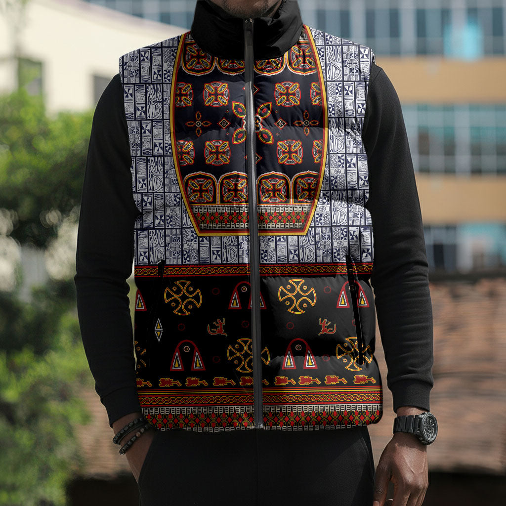 Cameroon Toghu Ethnic Heritage Sleeveless Puffer Jacket Traditional Bamenda Embroidery Style - African Tribal Motifs