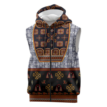 Cameroon Toghu Ethnic Heritage Sleeveless Zip Hoodie Traditional Bamenda Embroidery Style - African Tribal Motifs