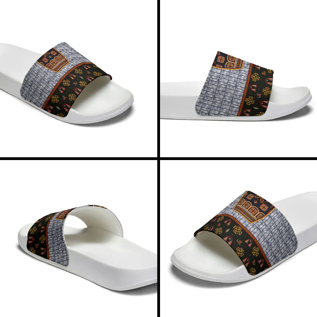 Cameroon Toghu Ethnic Heritage Slide Sandals Traditional Bamenda Embroidery Style - African Tribal Motifs