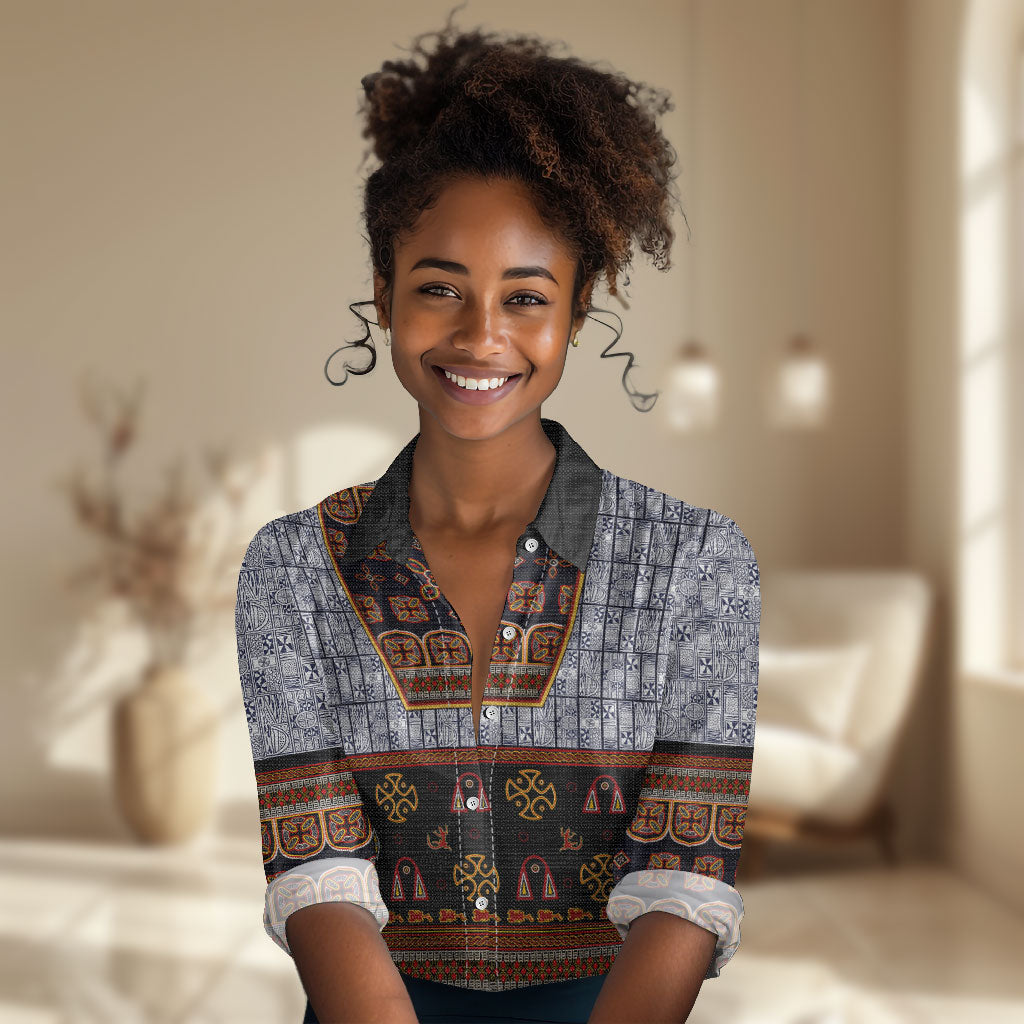 Cameroon Toghu Ethnic Heritage Women Casual Shirt Traditional Bamenda Embroidery Style - African Tribal Motifs