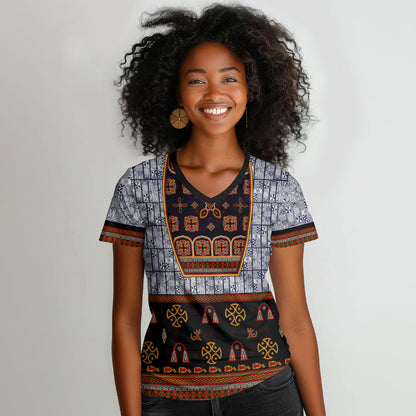 Cameroon Toghu Ethnic Heritage Women V-Neck T-Shirt Traditional Bamenda Embroidery Style - African Tribal Motifs
